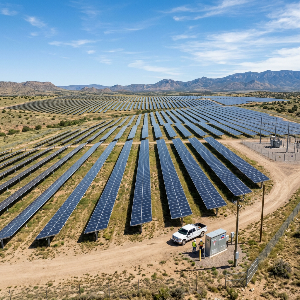 Rows of solar panels stretching across a dry landscape with two workers near a utility box and a white truck